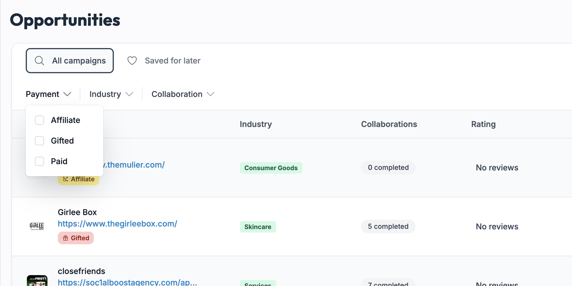 Social Cat creator opportunities dashboard