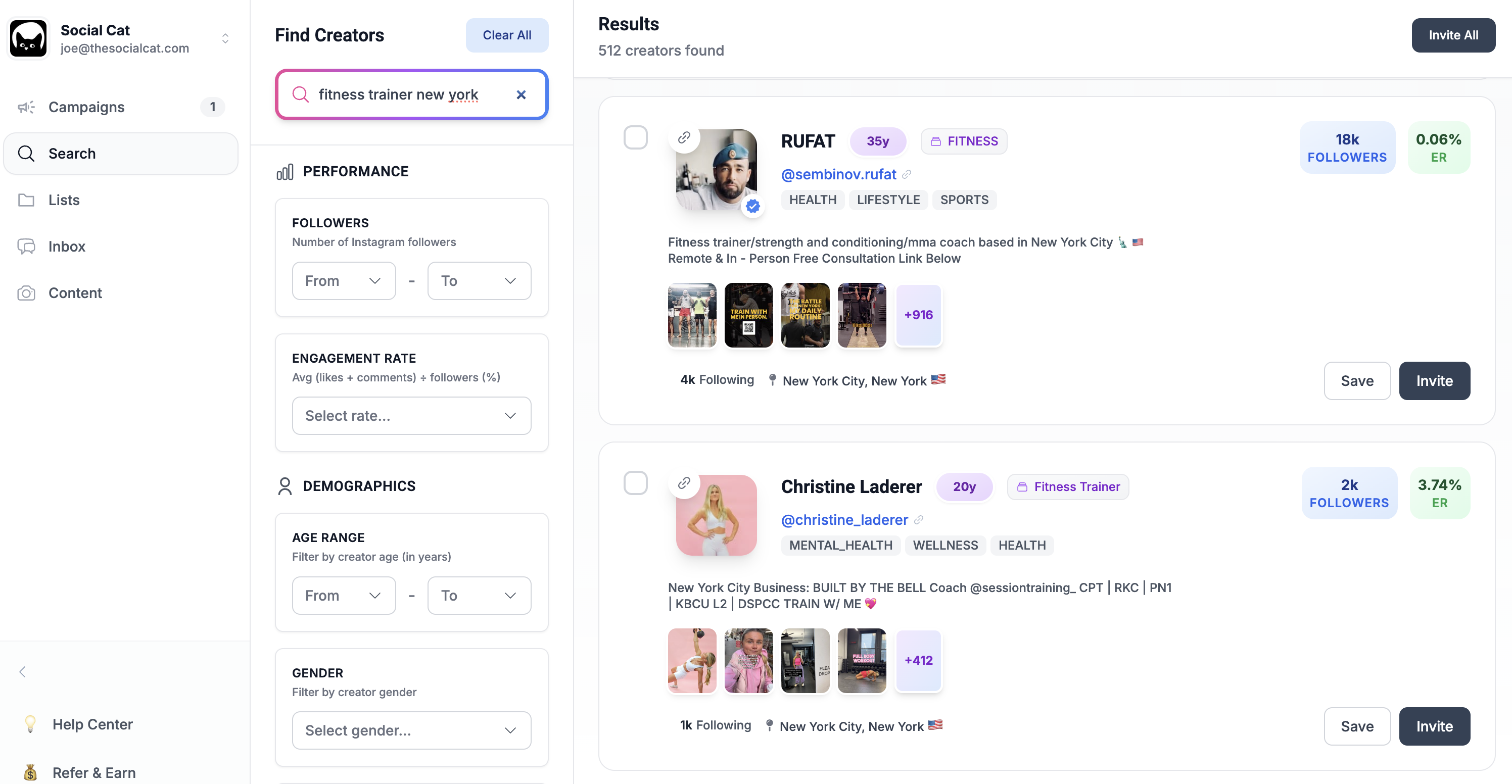 Social Cat creator search — find and invite influencers from a database of 500K+ creators